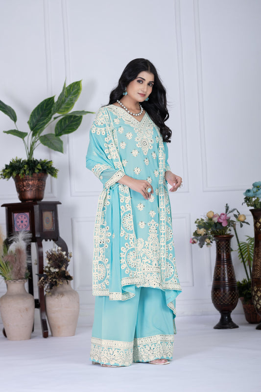 Elegant Embroidered Sky Blue Color Palazzo Suit Set