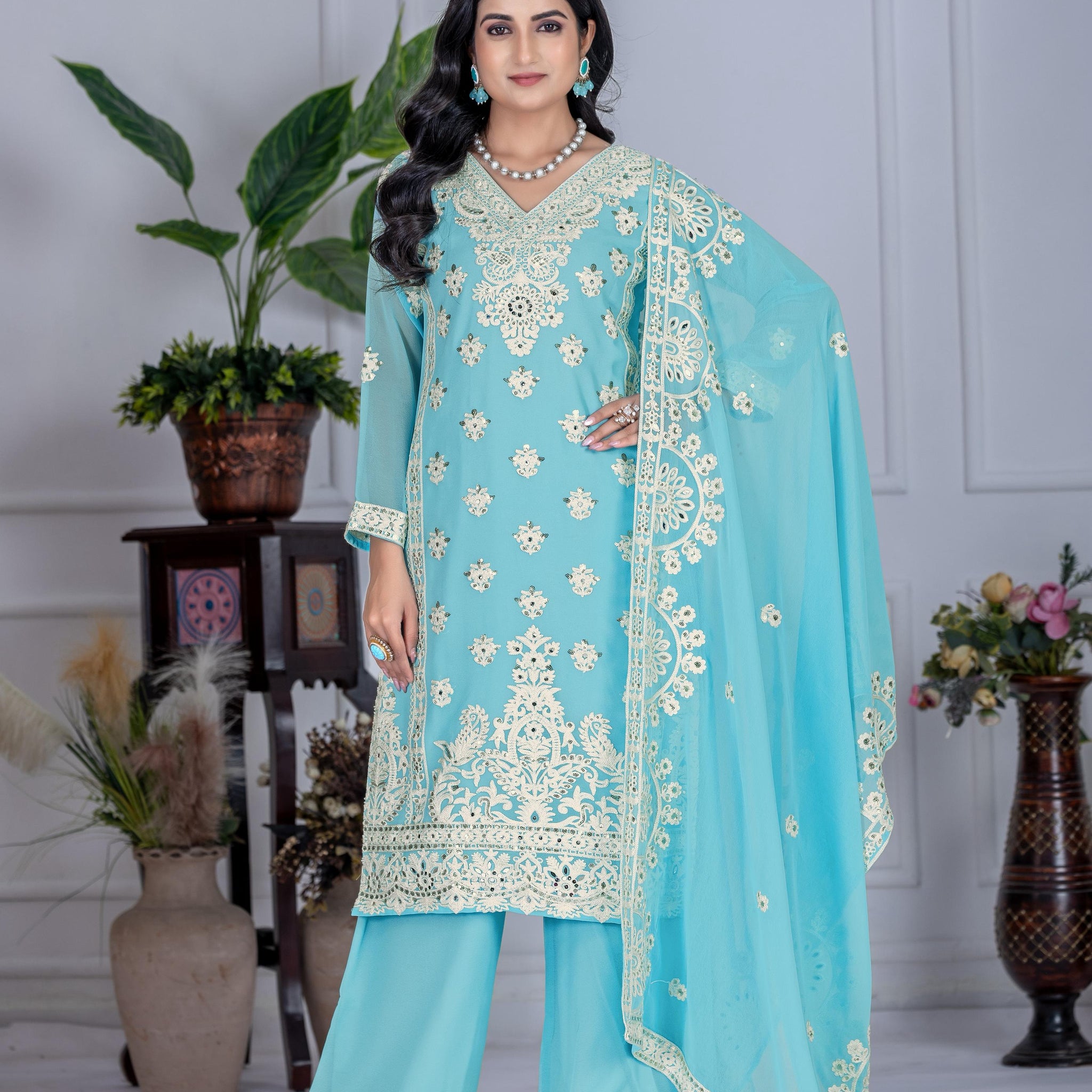 Elegant Embroidered Sky Blue Color Palazzo Suit Set