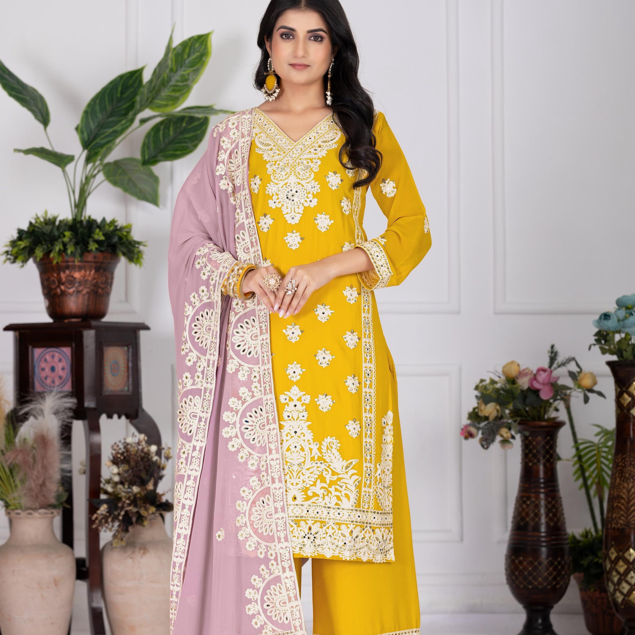 Elegant Embroidered Yellow Color Palazzo Suit Set