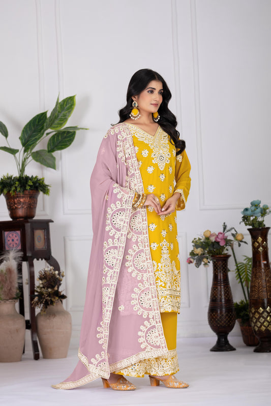 Elegant Embroidered Yellow Color Palazzo Suit Set