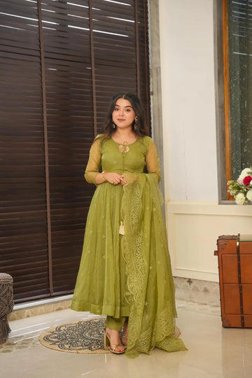 Elegant Green Color Embroidery Work Anarkali Suit Set