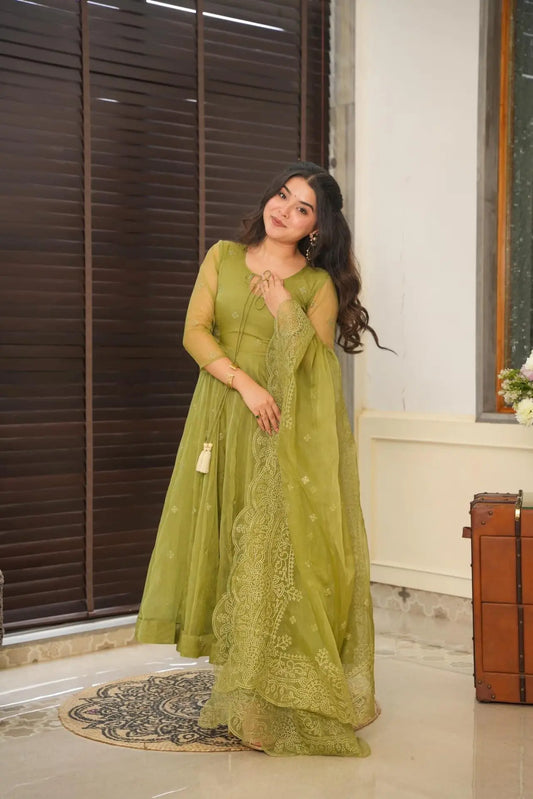 Elegant Green Color Embroidery Work Anarkali Suit Set