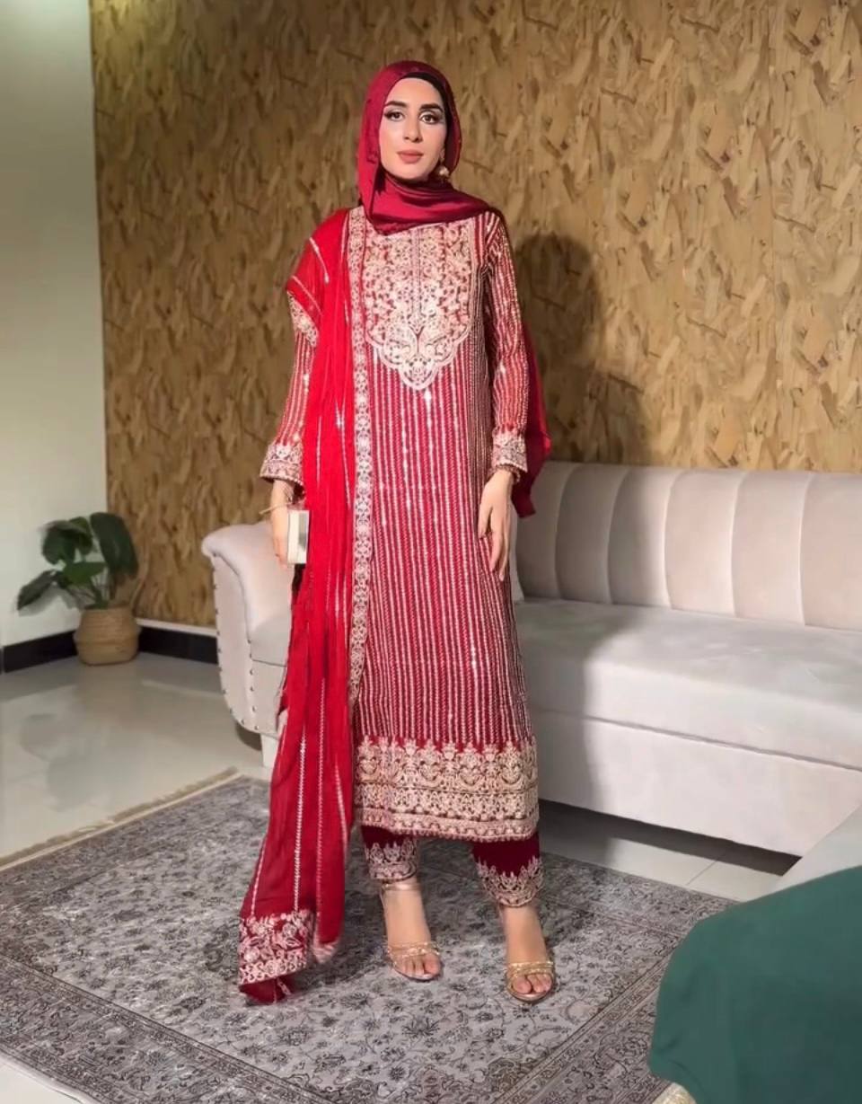 Elegant Heavy Fox Georgette Embroidered Top with Micro Cotton Palazzo With Dupatta