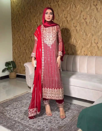 Elegant Heavy Fox Georgette Embroidered Top with Micro Cotton Palazzo With Dupatta