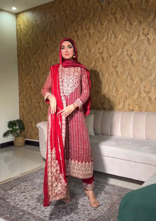 Elegant Heavy Fox Georgette Embroidered Top with Micro Cotton Palazzo With Dupatta