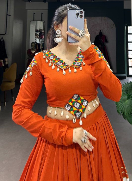 Elegant Rayon Orange White Gota Patti Gamthi Lehenga Choli For Garba
