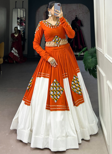 Elegant Rayon Orange White Gota Patti Gamthi Lehenga Choli For Garba