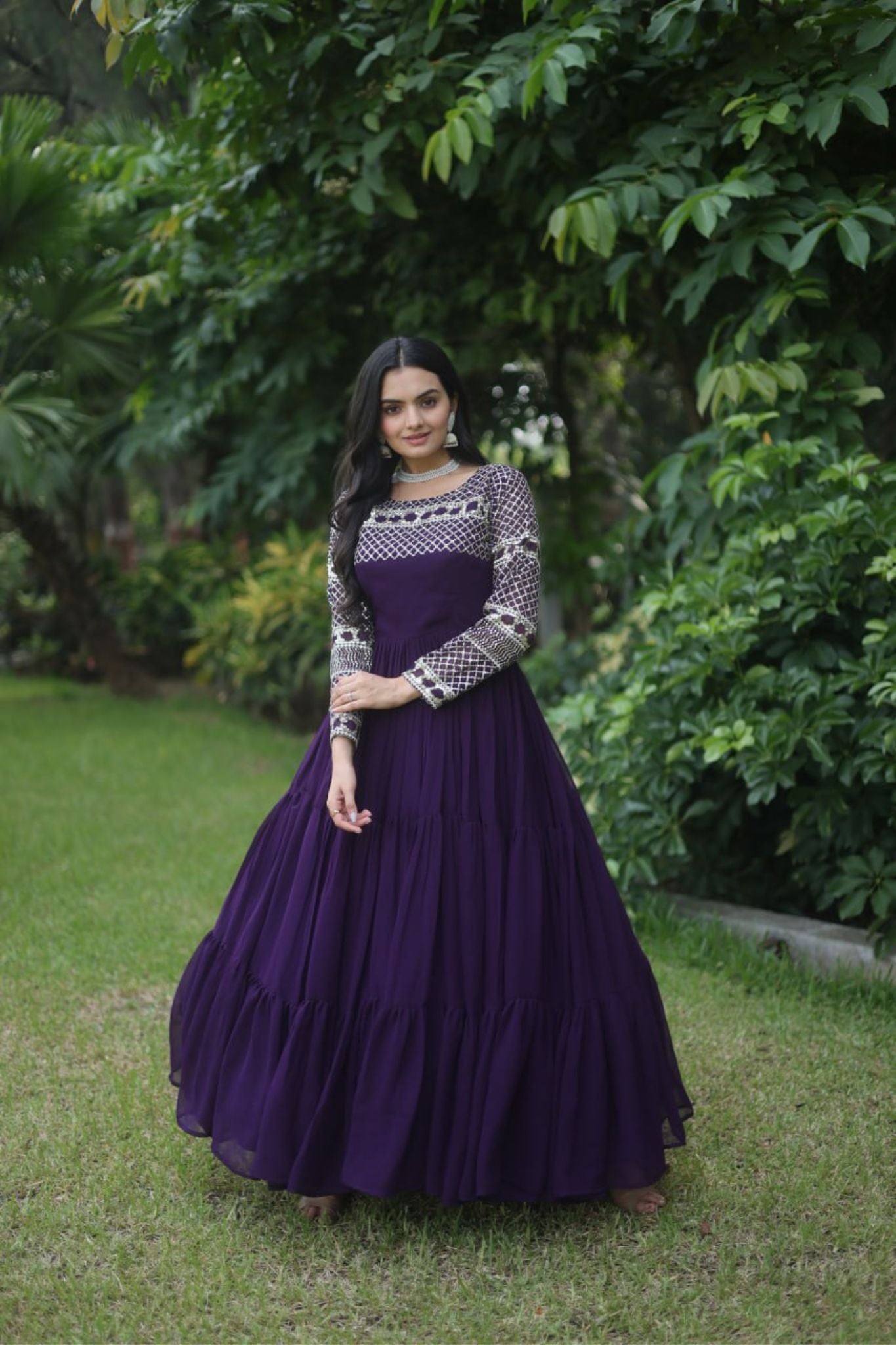 Elevate Style With Embroidery Zari Sequins-Work Designer Purple Gown