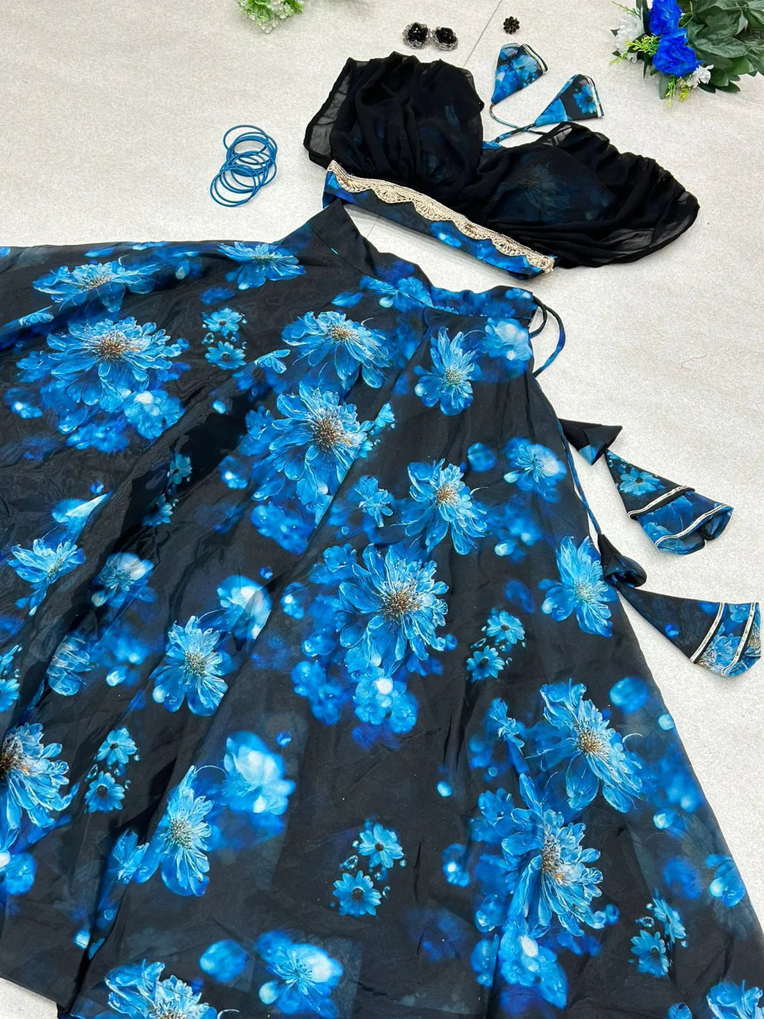 Embellished Blue Color Crop Top With Lehenga