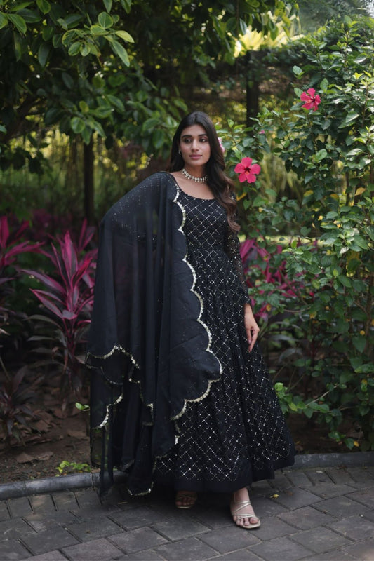 Embroidery Design Fully Flair Black Gown With Dupatta