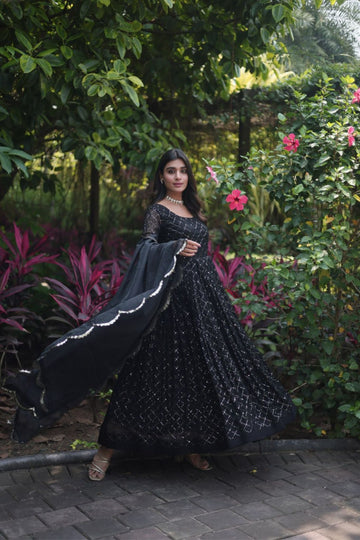 Embroidery Design Fully Flair Black Gown With Dupatta