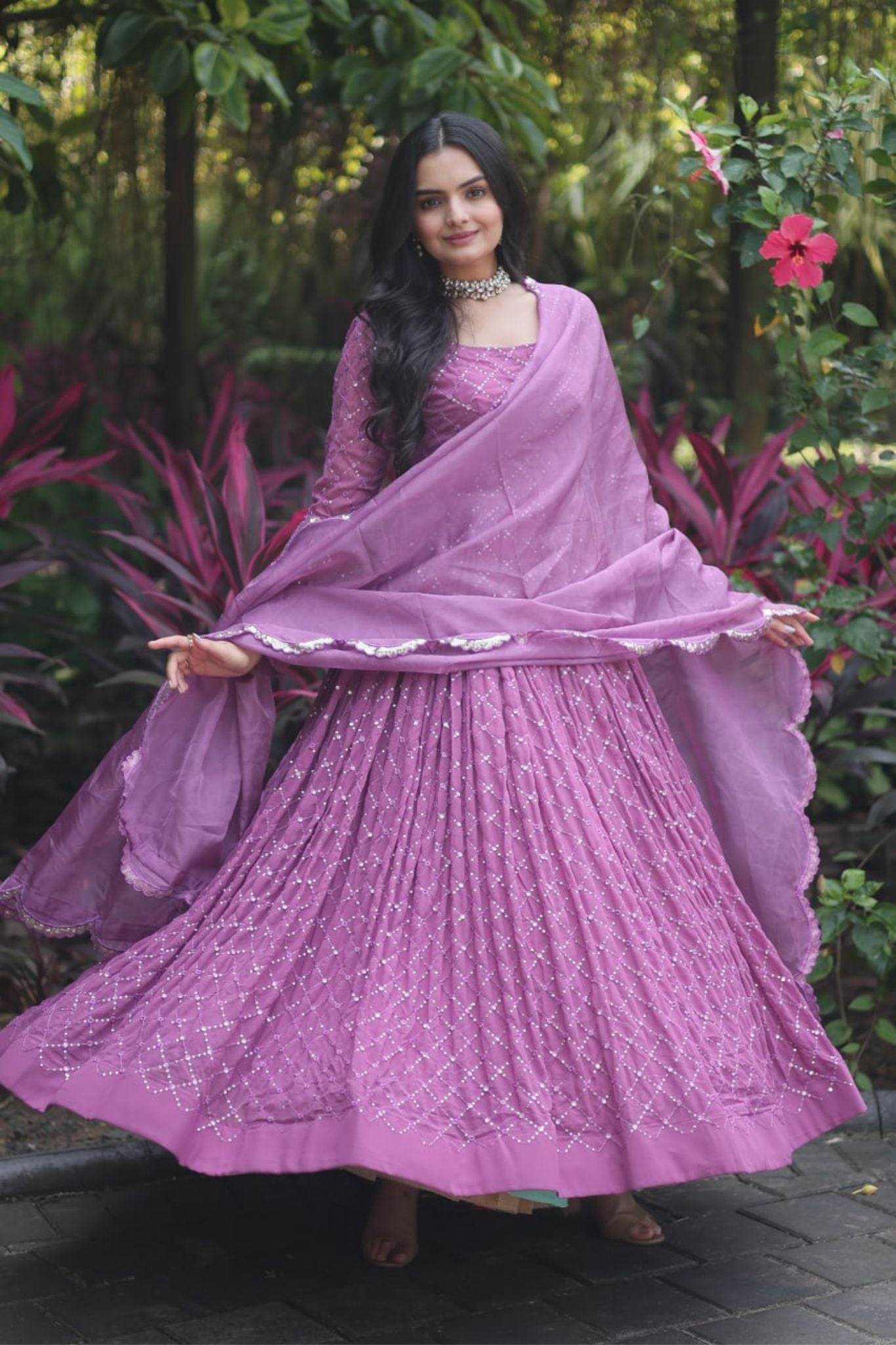 Embroidery Design Fully Flair Purple Gown With Dupatta