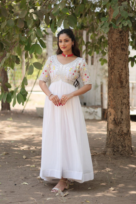 Embroidery Zari Sequins-work Ethnic Designer White Gown