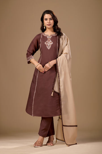 Ethnic Wear Brown Embroidered Kurta suit Set with Contrast Beige Dupatta