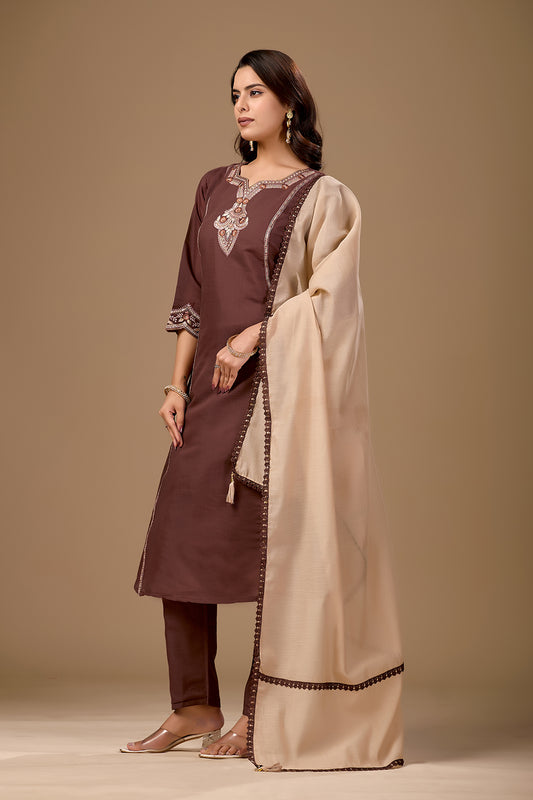 Ethnic Wear Brown Embroidered Kurta suit Set with Contrast Beige Dupatta