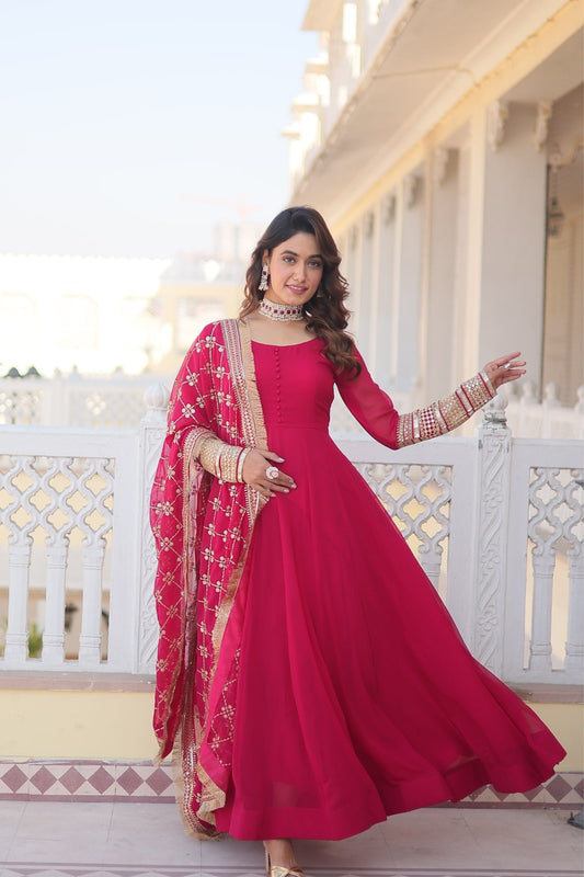 Exclusive Heavy Sleeves Work Pink Color Gown With Dupatta