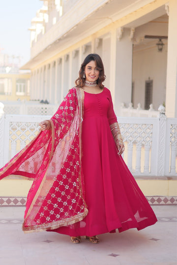Exclusive Heavy Sleeves Work Pink Color Gown With Dupatta