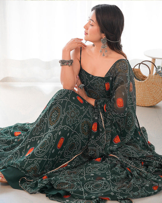 Floral Bandhani Print Soft Chiffon Dark Green Anarkali Gown