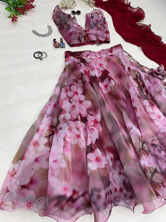 Fancy Digital Printed Organza Maroon Color Lehenga Choli
