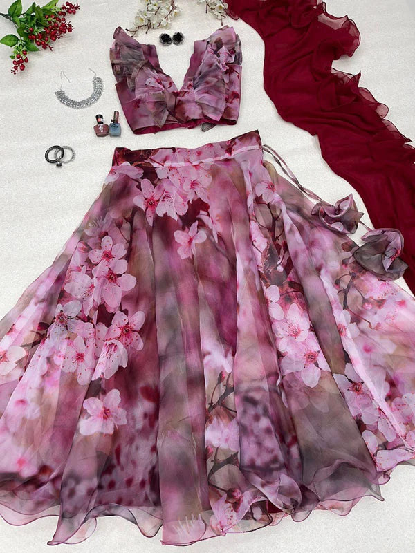 Fancy Digital Printed Organza Maroon Color Lehenga Choli