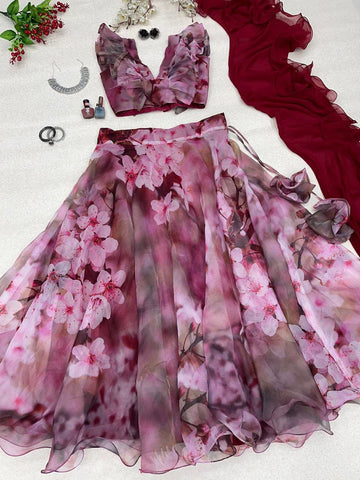 Fancy Digital Printed Organza Maroon Color Lehenga Choli