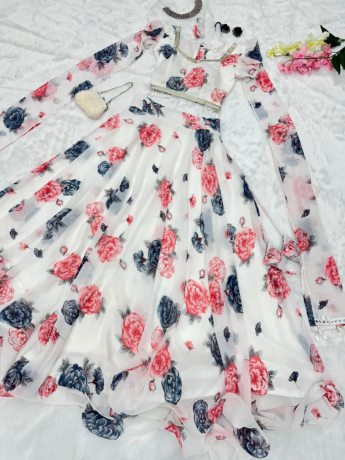 Fancy Sleeves Pattern Flower Print White Lehenga Choli