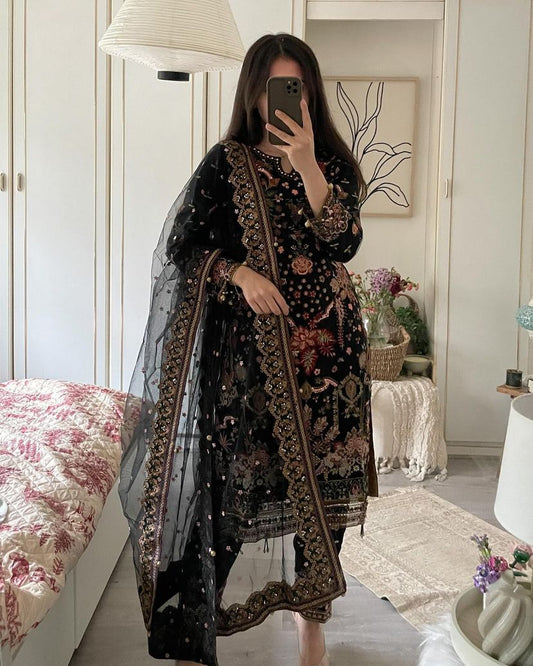 Fancy Heavy Chine Work Black Color Plazzo Suit