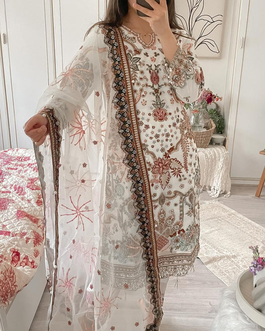 Fancy Heavy Chine Work White Color plazzo Suit
