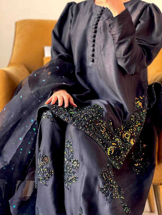 Farshi Palazzo and Kurta in Black Natural Crepe With Sequence Embroidery Work