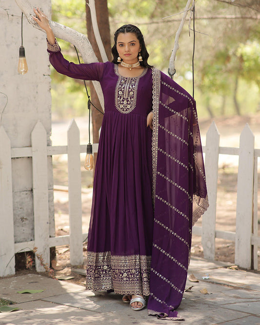 Faux Blooming Rich Sequence Embroidered Purple Ethnic Gown With Dupatta