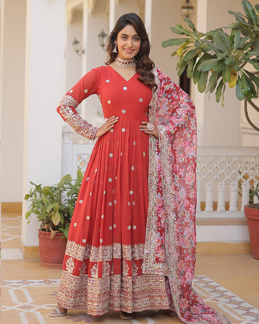 Faux Georgette Designer Red Color Wedding Gown With Dupatta