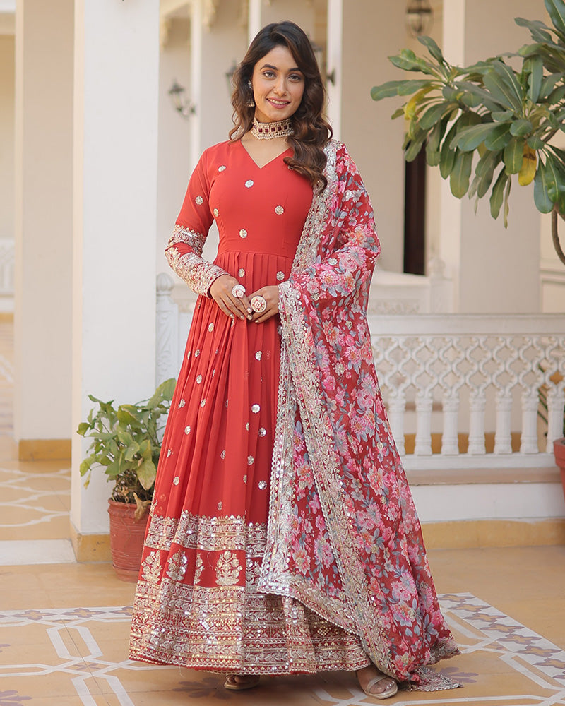 Faux Georgette Designer Red Color Wedding Gown With Dupatta