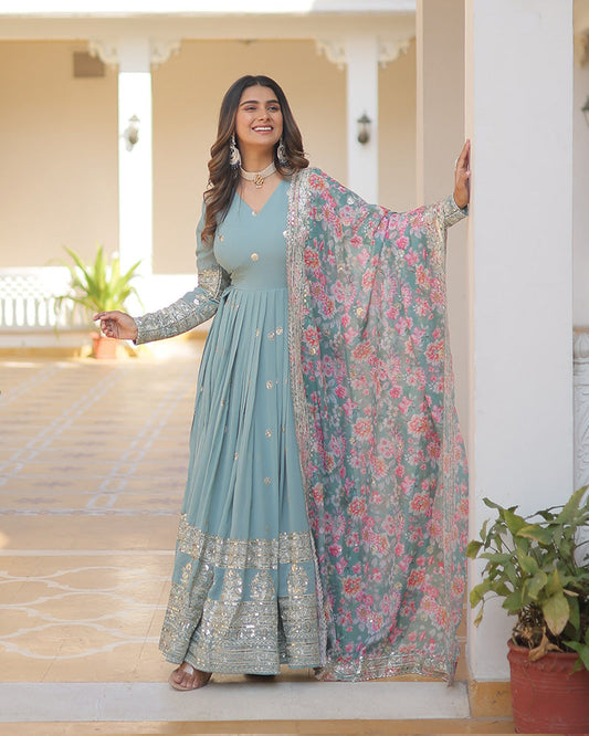 Faux Georgette Designer Sky Color Wedding Gown With Dupatta