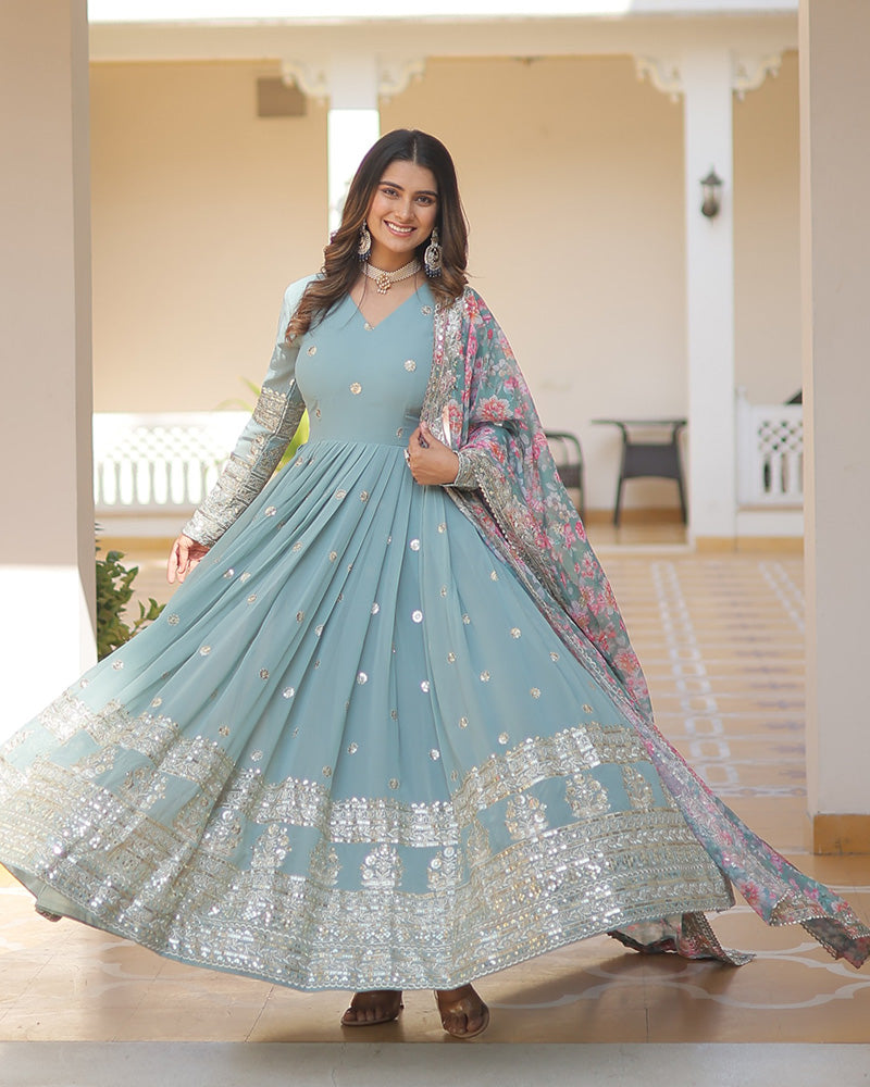 Faux Georgette Designer Sky Color Wedding Gown With Dupatta