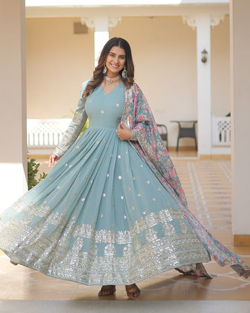 Faux Georgette Designer Sky Color Wedding Gown With Dupatta
