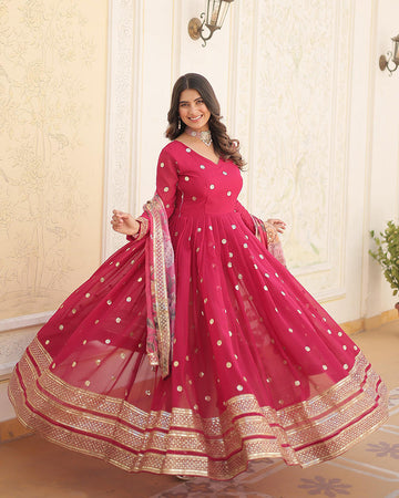 Faux Georgette Rani Pink Ethnic Gown With Tebby Silk Dupatta