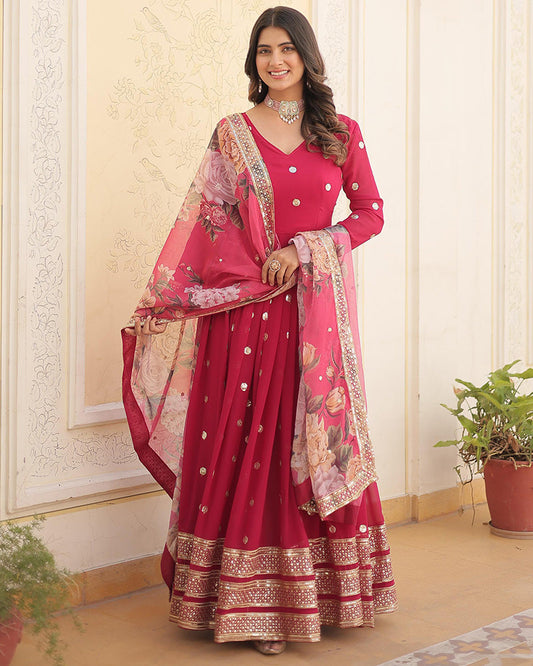 Faux Georgette Rani Pink Ethnic Gown With Tebby Silk Dupatta