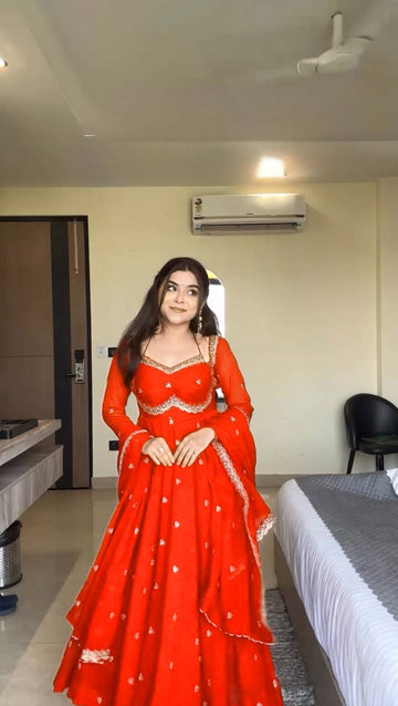 Festive Wear Orange color Heavy Embroidered Anarkali Suit With Dupatta
