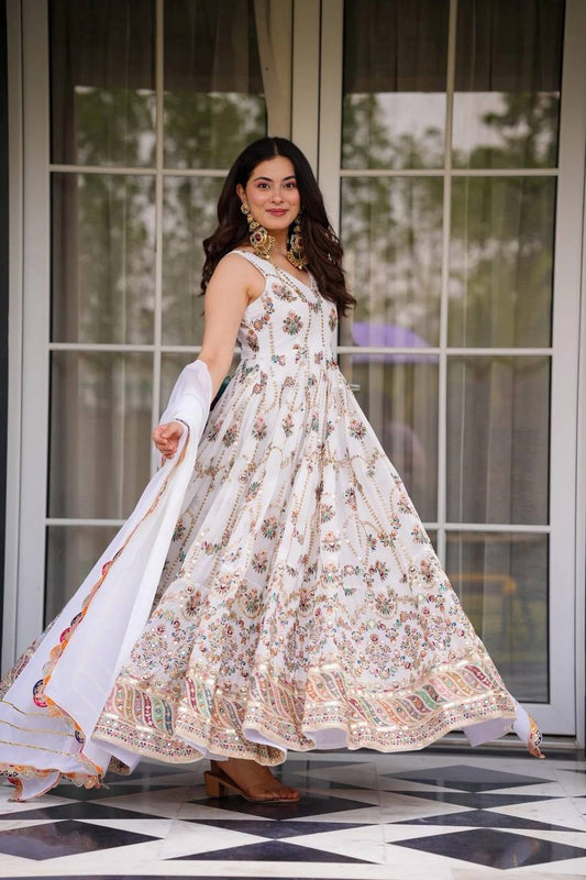 Festive Wear White Embroidered Anarkali Gown with Dupatta