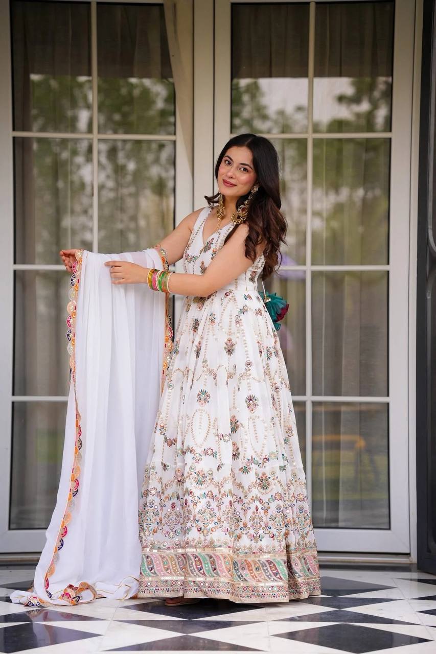 Festive Wear White Embroidered Anarkali Gown with Dupatta