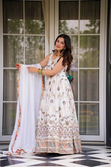 Festive Wear White Embroidered Anarkali Gown with Dupatta