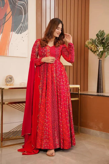 PRINT IN MASLIN FULL FLAIR WITH KALI PATTERN AND CANVAS PATTA WITH DUPPTA ANARKALI SUIT SET