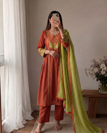 Orange Cotton A-Line Kurta Set for Women with Dupatta