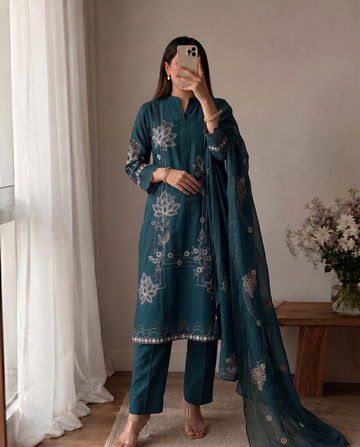 Navy Blue Cotton A-Line Kurta Set for Women