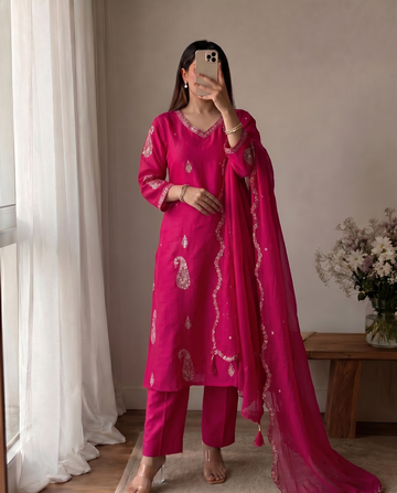 Rani Pink Embroidered Cotton A-Line Kurta Suit Set for Women with Embroidered Dupatta