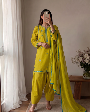 Mustard Mirror Work Cotton Kurta Set for Women with Farshi Salwar Set and Dupatta