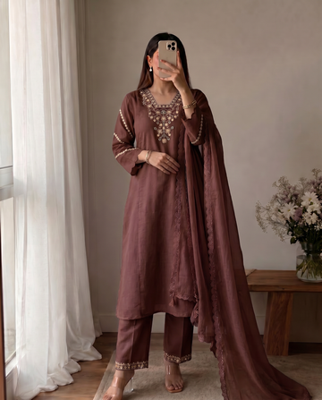 Brown Embroidered Cotton A-Line Kurta Pant Set for Women with Dupatta