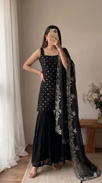 Black Georgette Embroidered Kurta And Sharara Suit Set with Dupatta