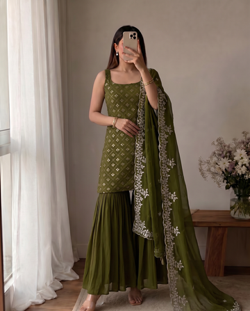 Pastel Green Kurta And Sharara Suit Set with Dupatta