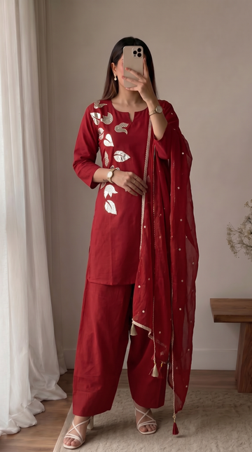 Ruby Red Embroidered Cotton Kurta Set for Women with Farshi Salwar and Dupatta